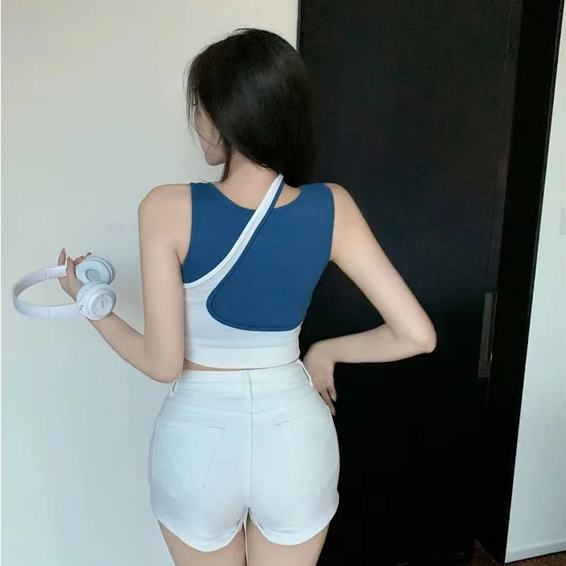 Réservoirs Femmes Nouvelle Arrivée Tendance Patchwork Design Doux Irrégulière Licou Intérieur Nombril Crop Top Sexy Mode Harajuku Haute Rue