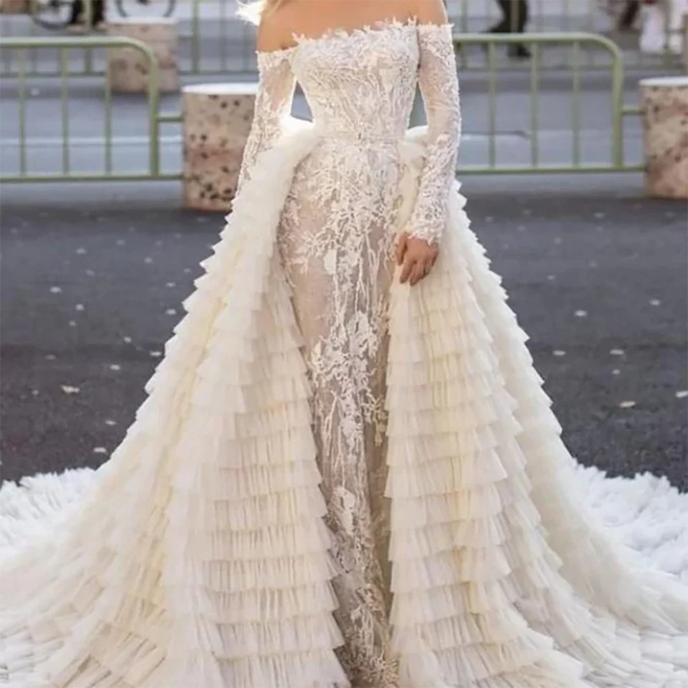 أنيقة قبالة الكتف الدانتيل كم كامل حورية البحر فساتين زفاف العروس أثواب الزفاف حسب الطلب