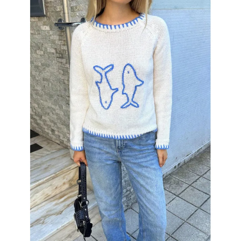 Maglione allentato pullover ricamato retrò girocollo a blocchi di colore 2025 per donna autunno inverno nuovo maglione a maniche lunghe lavorato a maglia