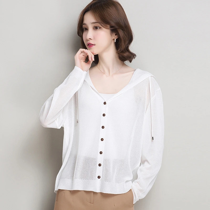 女性用帽子付き軽量カーディガン,長袖,シングルブレスト,ドローストリング,韓国日焼け止め,毎日毎日,夏