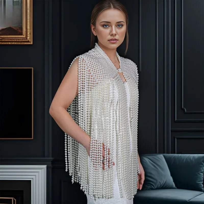 Cross-border new hollow pearl fringed women's atmospheric heavy industry dress shawl