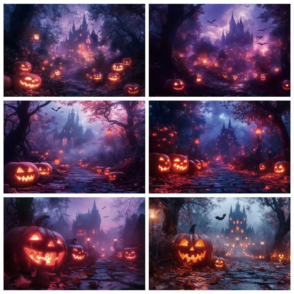 

Halloween Night Forest Castle Backdrop Pumpkin Lanterns Baby Portrait Kid Birthday Photography Background Decor Photostudio Prop