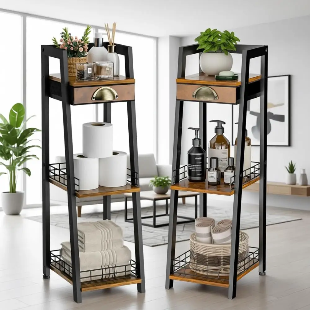 

3-Tier Slim Bathroom Shelf Organizer - Rustic Brown for Small Spaces