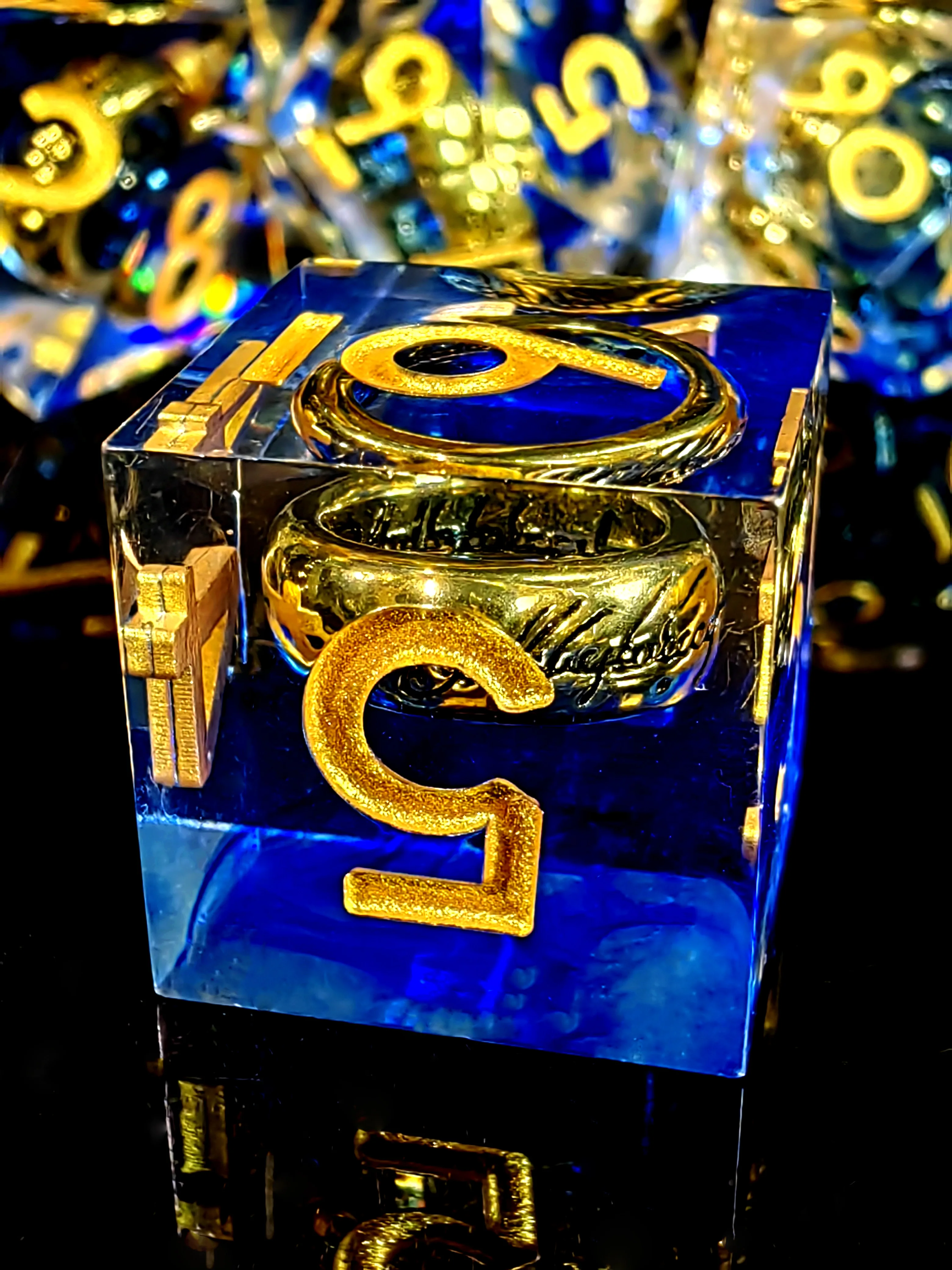 Blue Sharp Edge Resin DnD Dice Set - 7 Piece Polyhedral Dice with Gold Numbers, Built-in Ring for Dungeons and Dragons, RPG