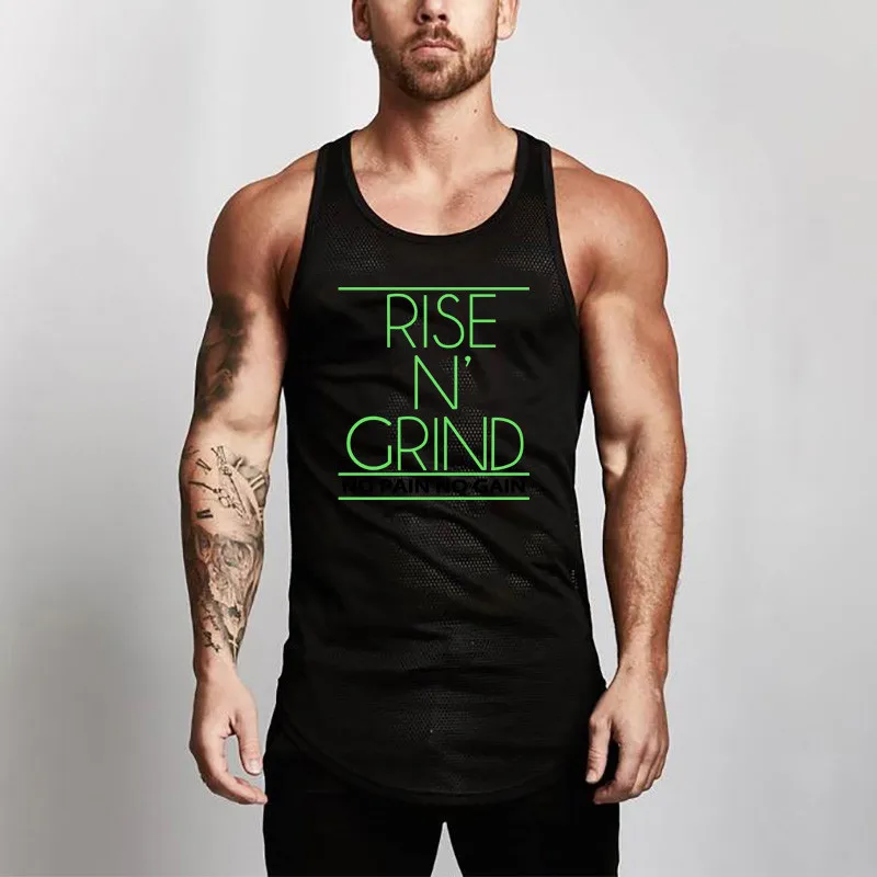 Summer Men New Gym Workout  Sport Bodybuilding Fitness Mesh Letter Printed Fit Mesh Quick Dry Muscleguy Vest Breathable  t-shirt