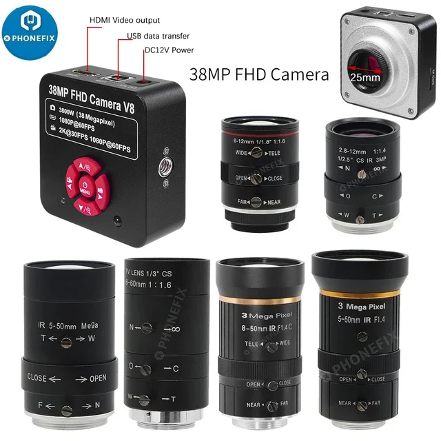 38MP 60FPS Kamera HDMI 6-12mm 2.8-12mm 5-50mm 6-60mm 8-50mm F1.4 F1.6 CCTV C Mount Zoom Obiektyw Cyfrowy do kamery na żywo