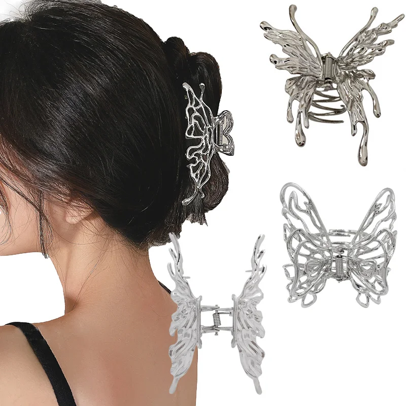 Metal Liquid Butterfly Hair Clip Fashion Silver Color Geometric Hair Claw Women Back Head Grab Clips Women Trendy Hair Accessory