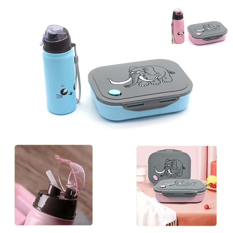 Cartoon Elephant Pattern Lunch Box with Water Bottle Sets Food Grade Compartment Microwave Oven Safe Portable Storage Insulated