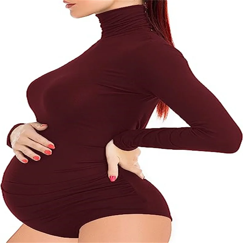 

Maternity Shirt Bodysuit for Photoshoot Pregnant Women Long Sleeve Basic Top Mock Bodycon Photography