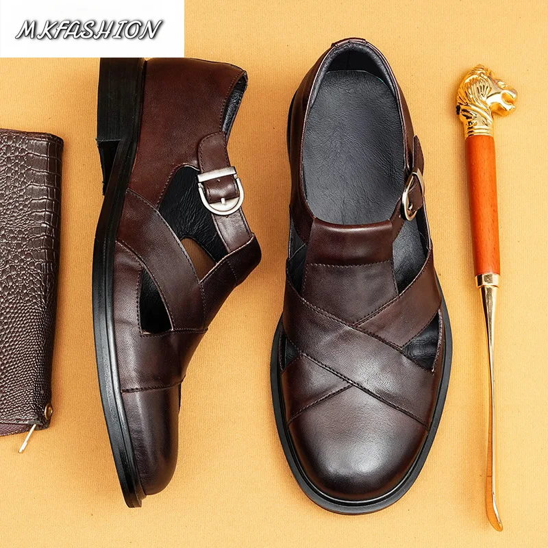 Summer Men Casual Shoes Sandals Genuine Leather Hollow Breathable Buckle Strap Flats Beach Shoes