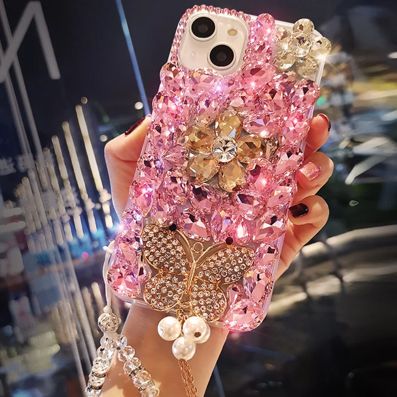 Bling Diamond Jewelry Phone Cases, Pink and Silver, Chain Bracelet for Xiaomi Redmi 9A 9C Note8 9Pro Note10S Note11 Pro 12Pro