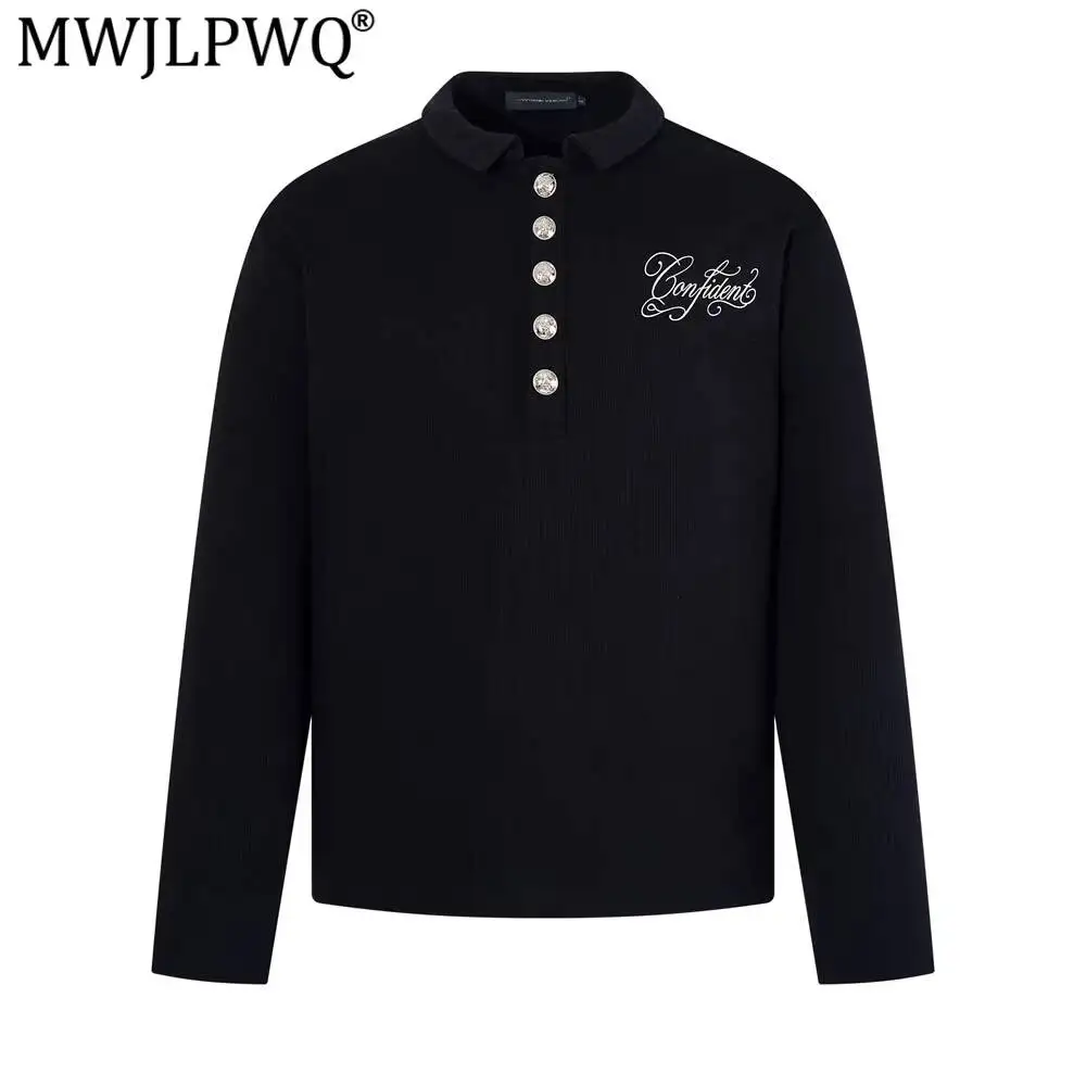 MWJLPWQ Loose Casual Spring Autumn Long-Sleeve Men's Polo Shirt Tee American Trendy Metal Button Half-Open Lapel Chic Tops 17318