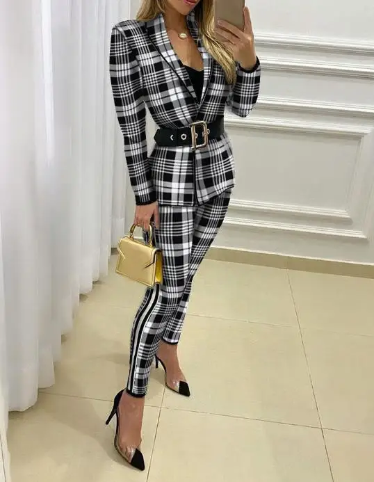 

Pants Sets Women Blazer Set Autumn New Fashion Trendy Plaid Print Shirt Jacket Skinny Pants Casual Women's Elegant Two Piece Set