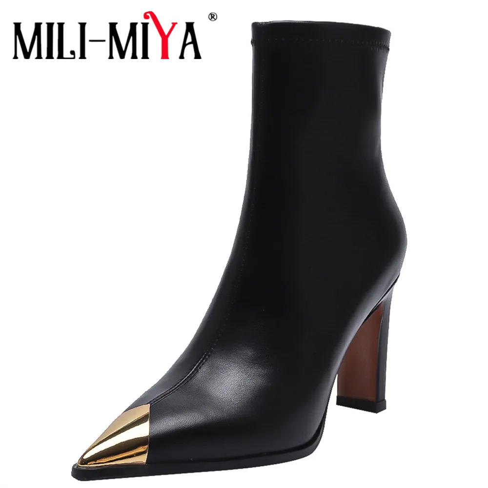 MILI-MIYA Fashion Metal Cover Pointed Toe Women Microfiber Ankle Boots Thick Heels Zippers Solid Color Casuals Street Shoes Hand