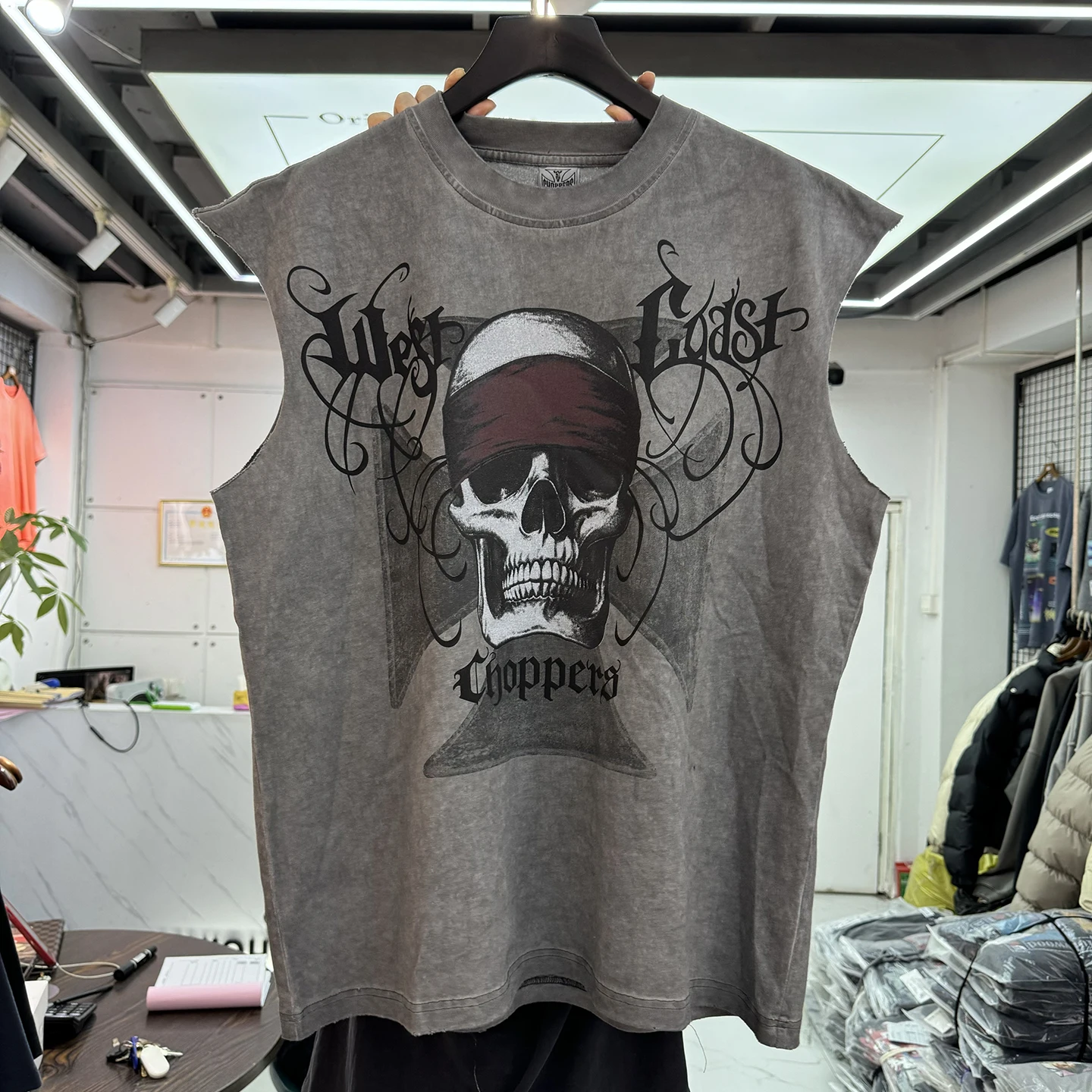 West Coast Choppers American Retro Distressed Loose Motorcycle Driver Skeleton Pattern Casual Vest for Youth Daily Wear