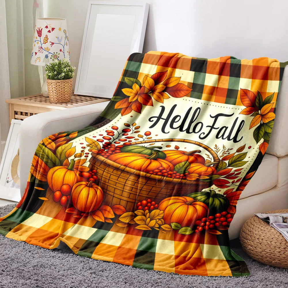 1PC Hello Fall Pumpkin Print Blanket-made of soft plush flannel, perfect for sofas, beds or recliners. It is ideal for autumn de