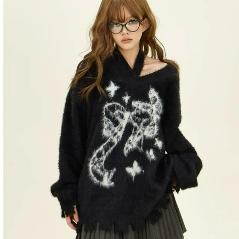 

New Fashion Loose American Style High Street Laid-back Loose Knitted Pullover Bow Neck Sweater for Women 2026 Autumn/Winter