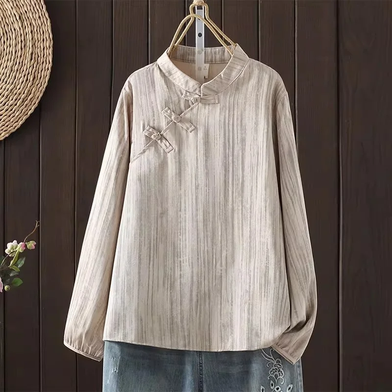 

Chinese Style Retro Shirt Vertical Striped Women's Stand Up Collar, Slanted Placket, Buckle Loose Commuter Top W1635