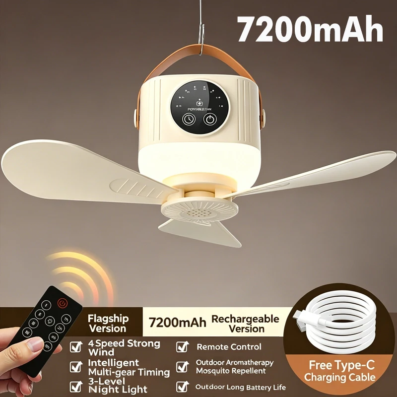 

7200mAh Ceiling Fan with Remote Control 3 Adjustable Light 4 Timer Modes USB Rechargeable Night Light for Dormitory Beds Camping