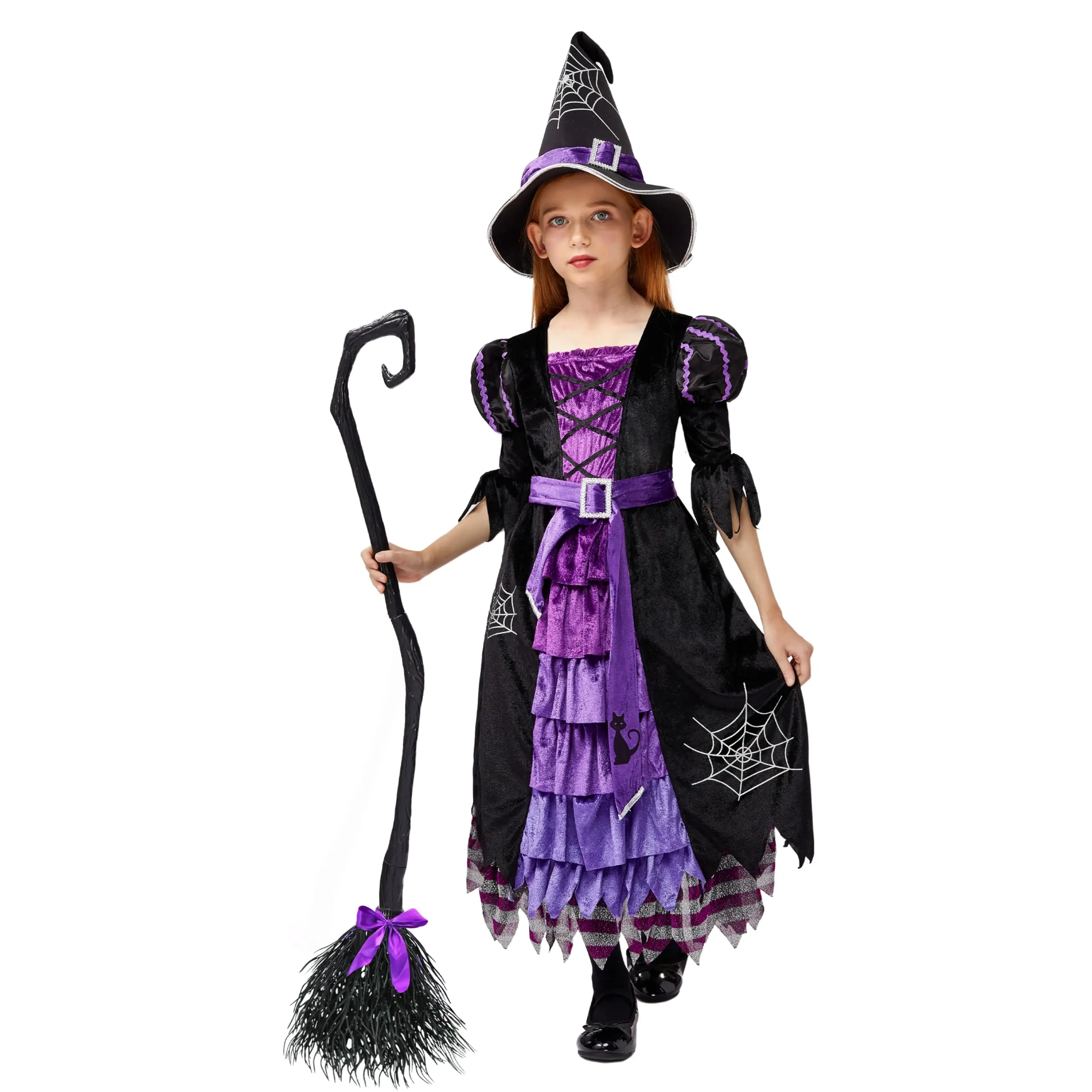 Spooktacular Creations Fairy Tale Witch Costume Deluxe Set with Broom for Girls Cute Witch Outfit Includes Hat And Robe