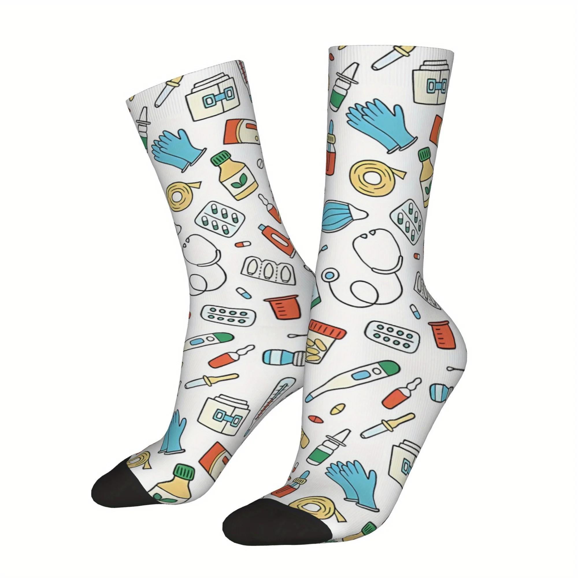 1 Pair Hip Hop Retro Nursing Pattern Men'S Compression Socks Unisex Street Style Colorful Medical & Beauty Icons Print Polyester