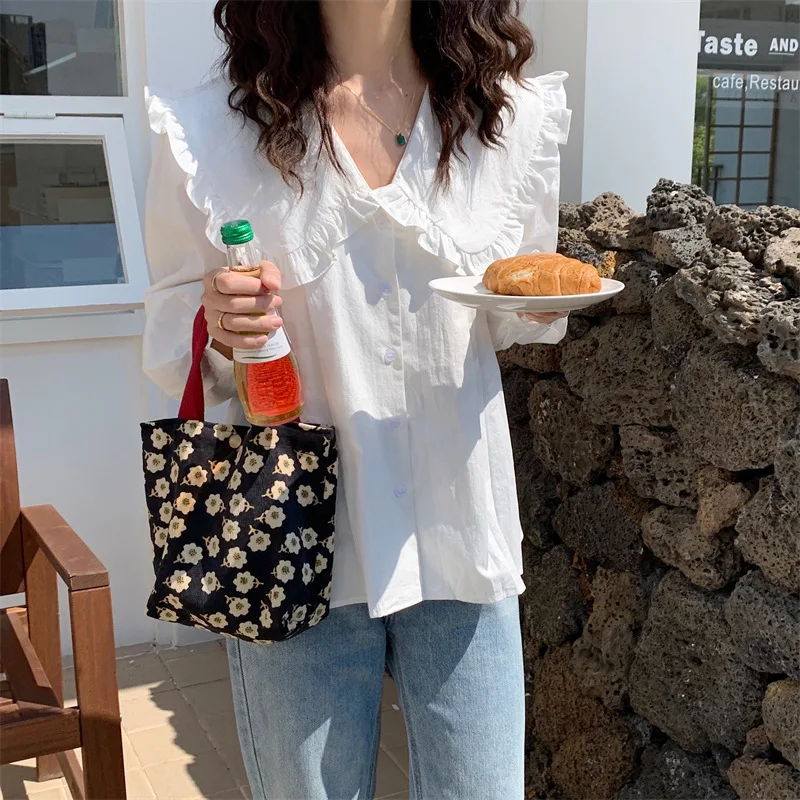 Casual Women Portable Lunch Bento Bag Retro Flower Ladies Small Handbags Thin Corduroy Female Shopper Clutch Purse Shoulder Bags
