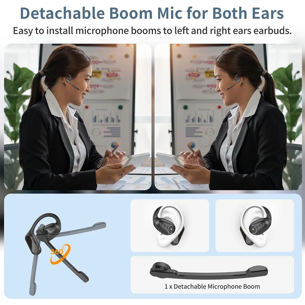 Open Ear Headphones with Boom Mic, Bluetooth 5.4 Wireless Headsets with Detachable Microphone, ENC Noise Cancelling, Mute Button