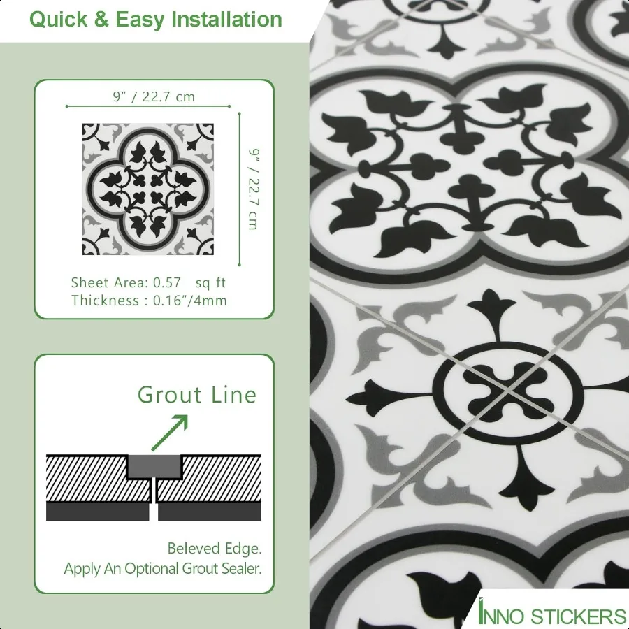 Peel and Stick SPC Vinyl SelfAdhesive Flooring 9x9In Black and White Encaustic Patterned Groutl Backsplash 16 Tiles 9.12 Sq Ft