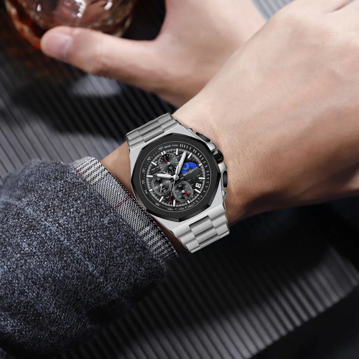 Brand Men Watch Multifunctional Fashion Timing Stainless Steel Clock 43mm Quartz Movement Military Sports Male Watches