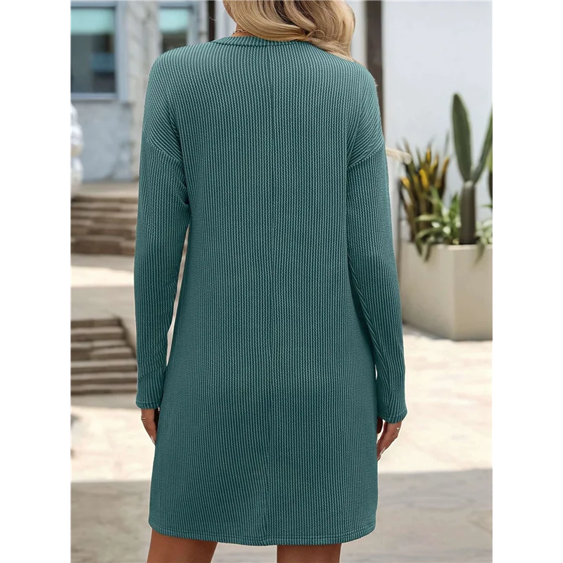 ABRT-Mini robe t-shirt côtelée à manches longues et col rond pour femme, décontractée, automne