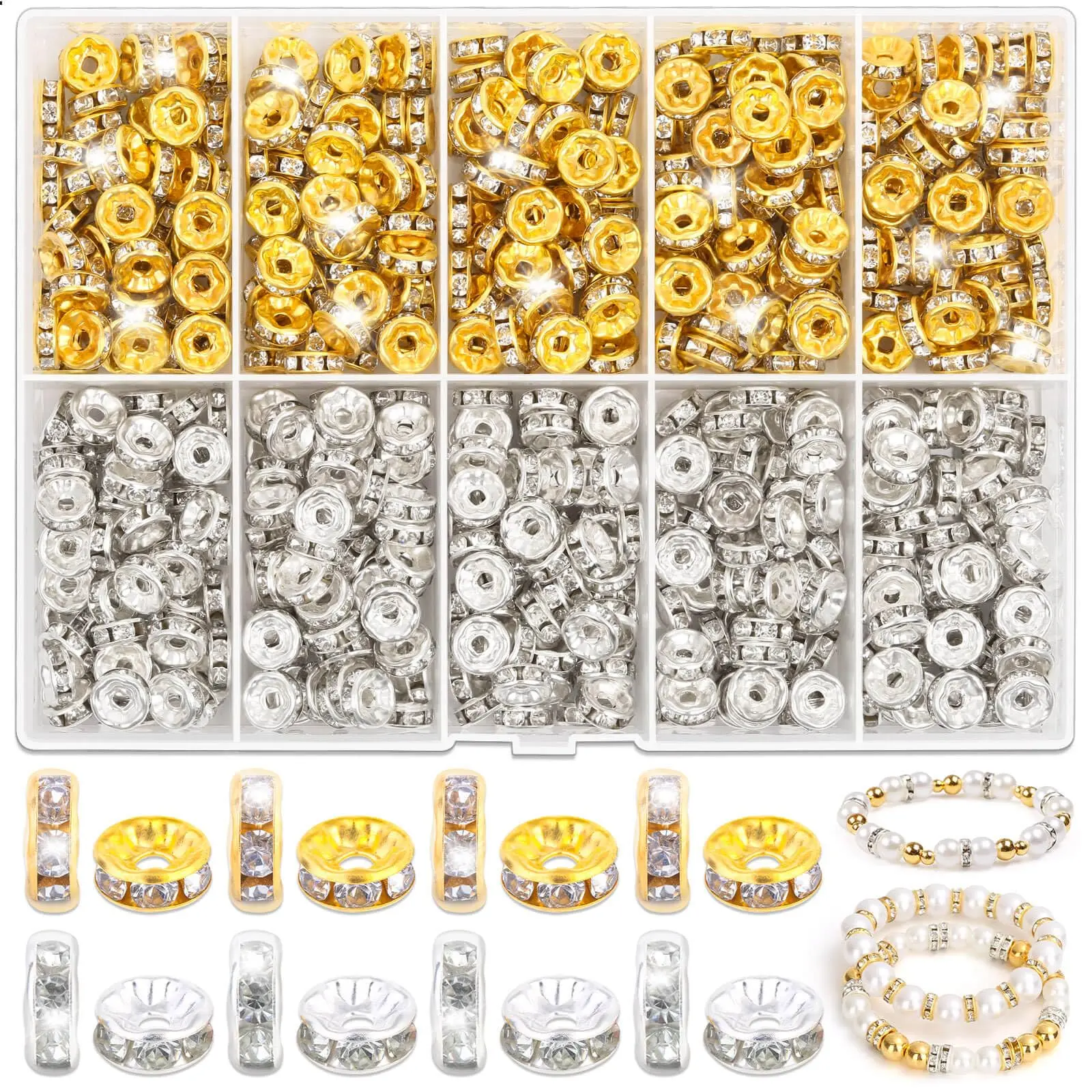 100pcs Rondelle Spacer Beads per la creazione di gioielli, distanziatori con strass distanziatori con perline di cristallo per bracciali, perline