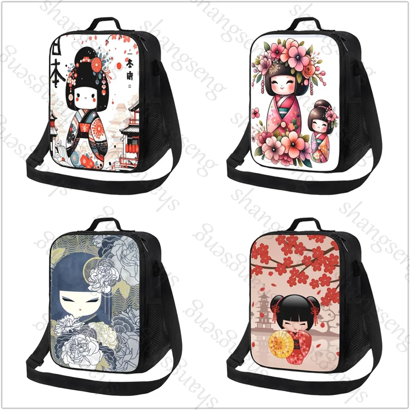 

Japanese Red Sakura Kokeshi Doll Insulated bag Lunch bag Food drink storage leakproof picnic bag Outdoor cooler beach portable