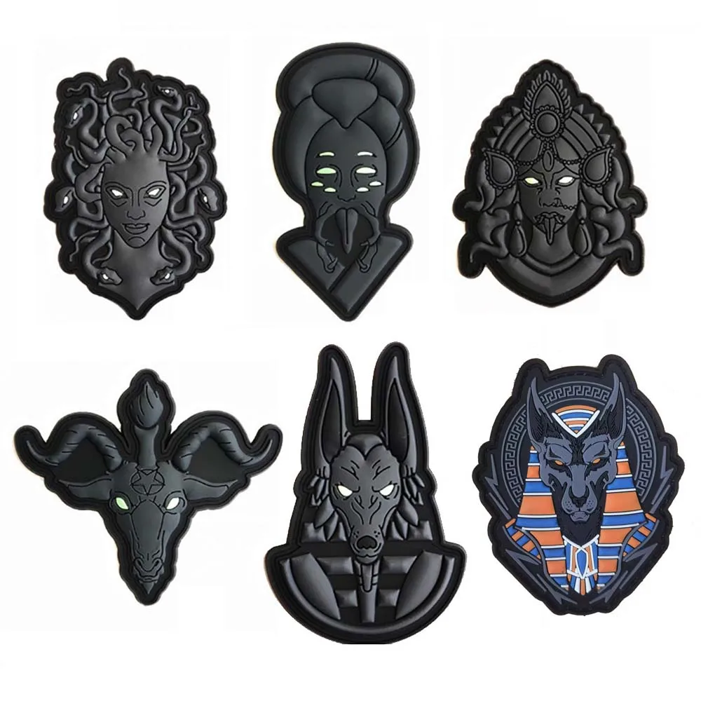 Os mitos antigos de medusa, anubis e buffon logotipo emblema que brilha no escuro, mochila de pvc luminosa apliques remendos morale com gancho