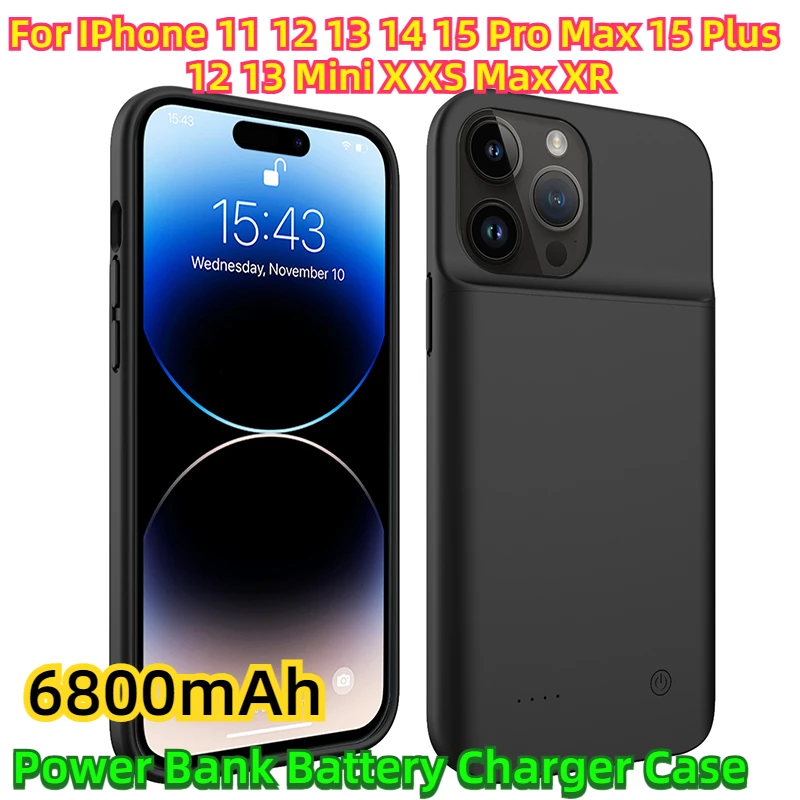 

For IPhone 11 12 13 14 15 Pro Max 15 Plus 12 13 Mini X XS Max XR Powerbank Charging Case 6800mAh Power Bank Battery Charger Case