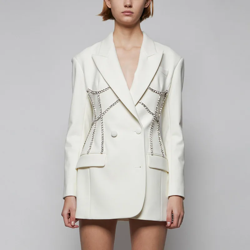 Spring Heavy Light Rhinestone Office Ladies Suit Coat Women Mid-Length Fashion Slim Waist Black White Short Blazer Dress