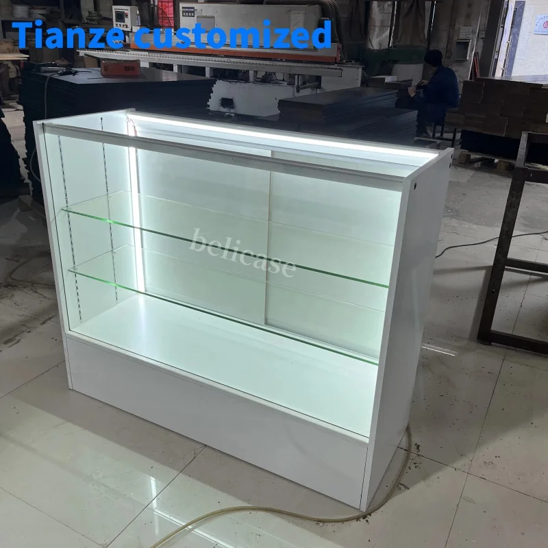 （customized）Shop Design Wood Glass Dispensary Display Counter Lockable Show Displays with Led lights Smoke Shop