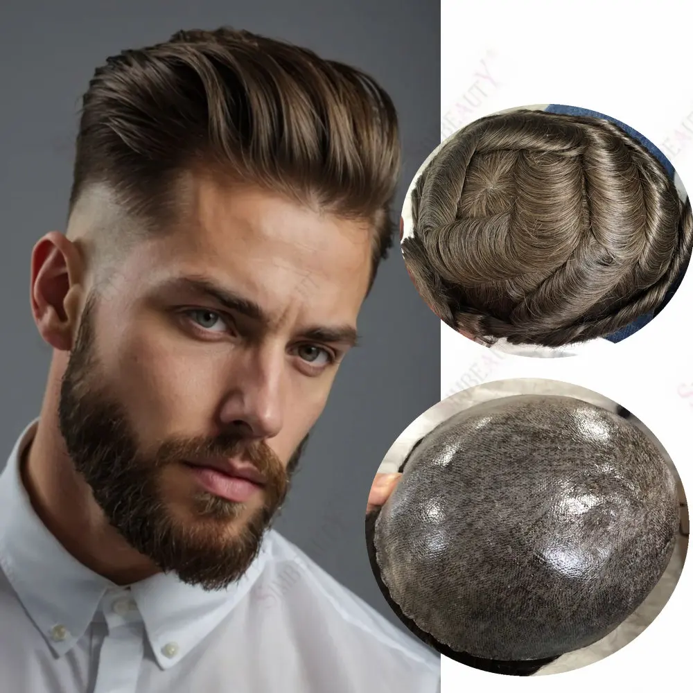 

Chestnut Brown Injection Men Toupee 0.1mm Skin Full PU Men's Wigs Remy Human Hair Replacement System Unit Capillary Prosthesis