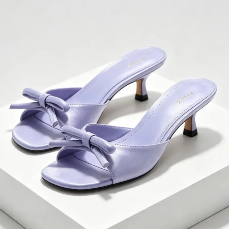 Fashion Solid Butterfly Knot Detail Mules Sandals Women Summer Sexy Open Toe Kitten Heel Slip on High Heels Comfortable Shoes