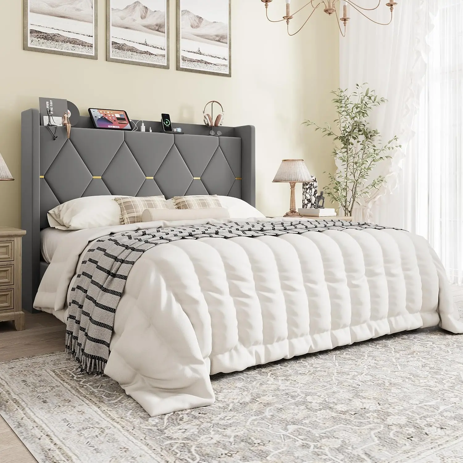 Full Size Velvet Upholstered Bed Frame with Charging Station | Platform Bed with Wingback Storage Headboard,, Customized
