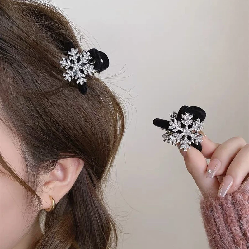 2pcs Flocked Rhinestone Snowflake Hair Clip Fashion Black Flocked Pearl Hairpin Hairs Accessories