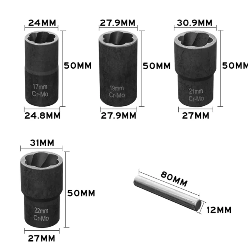 5PCS Twist Impact Damaged Nut Bolt Screw Remover Tire Screw Extractor 1/2 Inch Nut Screw Removal Socket Wrench Tools