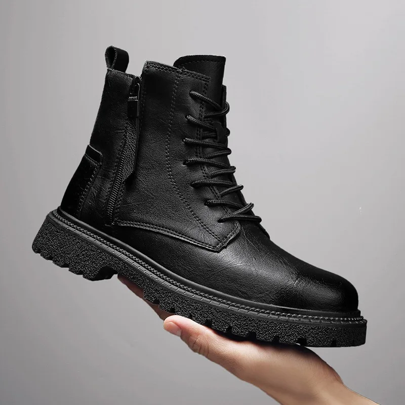 Men's Black Ankle Boots Side Zipper Genuine Leather Combat Boots Male Non-slip Fashion Motorcycle Boots Casual Work Footwear view 3