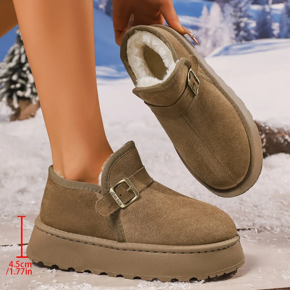 Women's Winter Snow Boots Thick Bottom Fleece Lined Belt Buckle Northeast Big Cotton Shoe Short Bread Shoe Short Boot