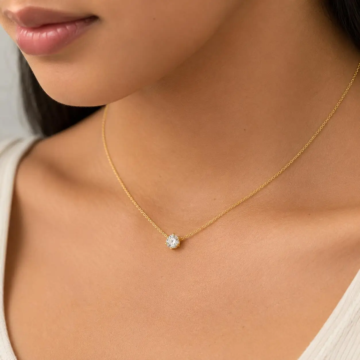 Minimalist Solitaire Zircon Choker Necklace, Single Stone Pendant, 18K Gold Plated Stainless Steel Clavicle Chain Jewelry