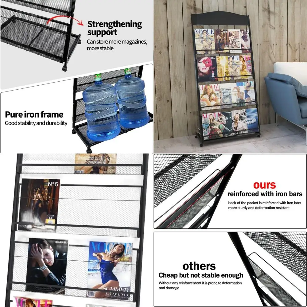 Mobile 4-Tier Literature Display Rack with Wheels for Office and Reception Spaces