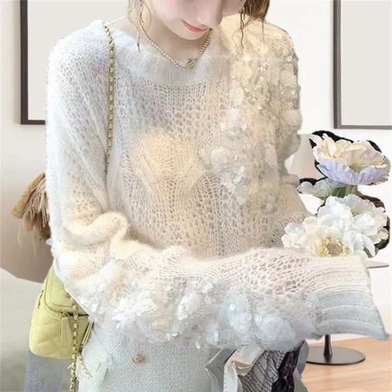 Stylish Solid Color Spliced Sequined Asymmetrical Sweater Female Clothing 2022 Autumn New Casual Pullovers All-match Sweet Tops