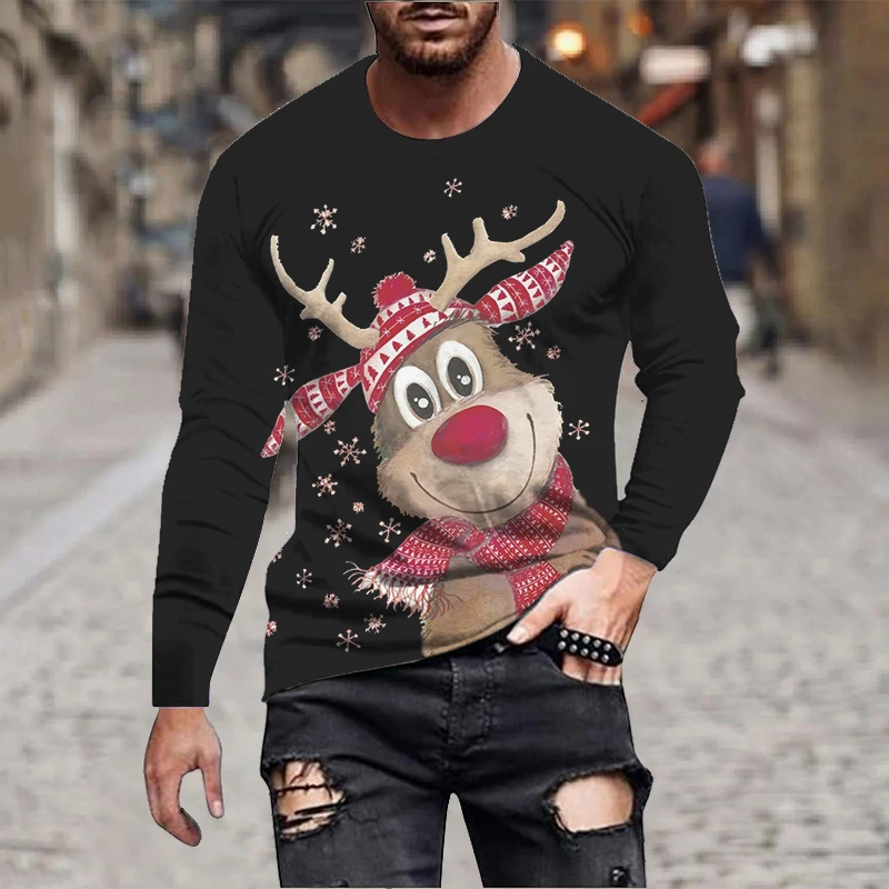 Funny Reindeer 3D Print T-Shirts Men's Christmas Hip Hop Streetwear Long Sleeve T Shirt Pullovers Harajuku Top Kid Tees Clothing