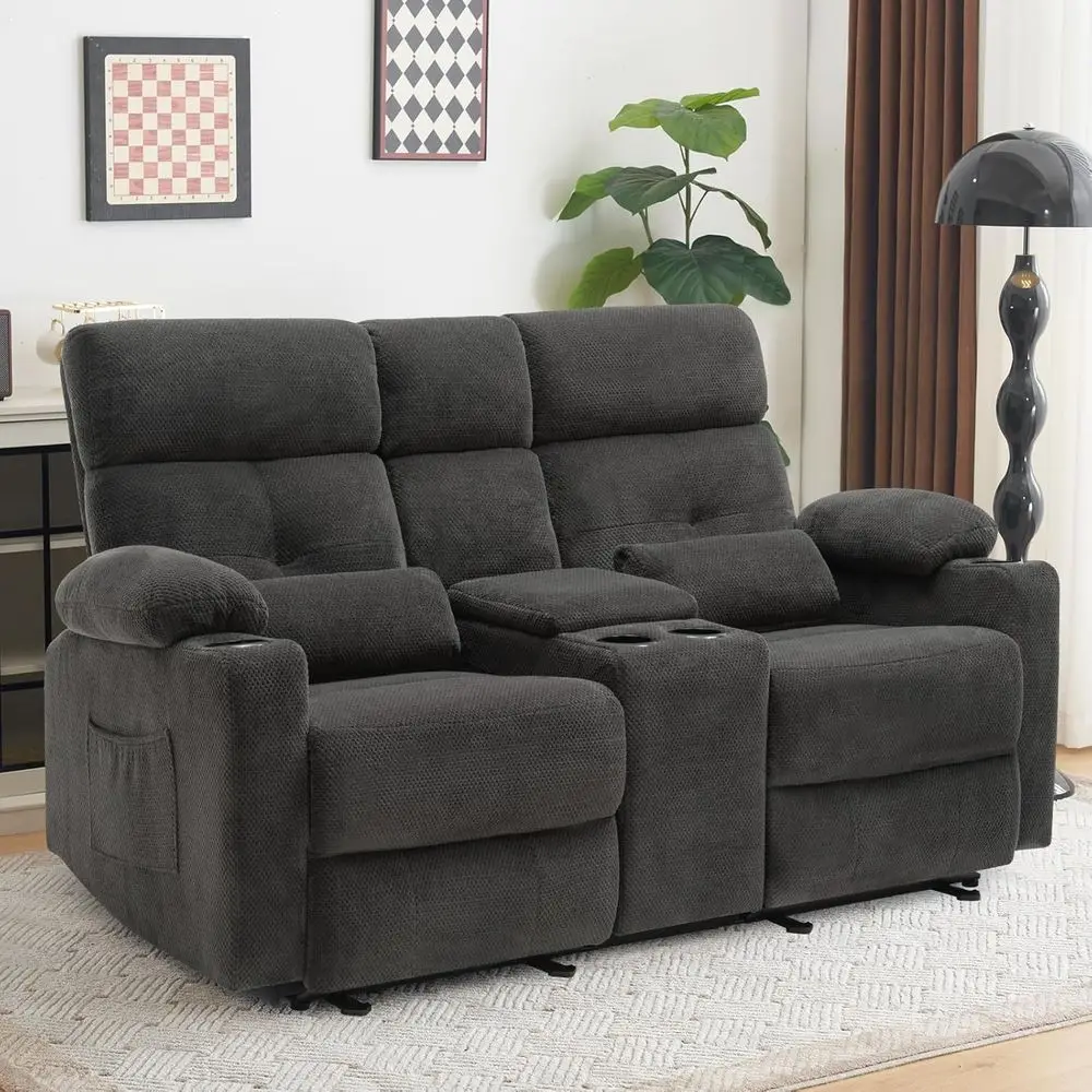 Customizable Power Loveseat Recliner with Heat, Massage, Lumbar Support for Home Theater or Living Room in Velvet, Grey
