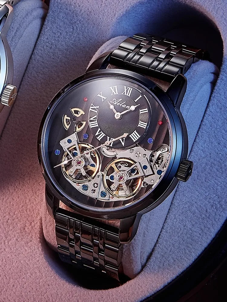Ailang Men's Automatic Mechanical Watch Stainless Steel Strap Roman Scale Dial Double Tourbillon Waterproof Fashion Wristwatch