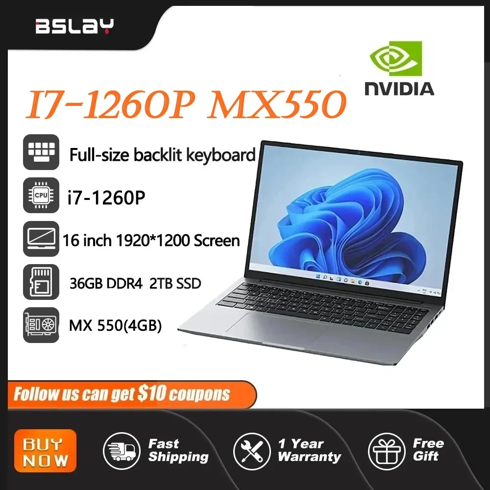 

Gaming Laptop 16 Inch Intel Core I7-1260P NVIDIA MX550 4G 36GB DDR4 2TB SSD Window 11 12 Cores 16 Threads Portables Netbook